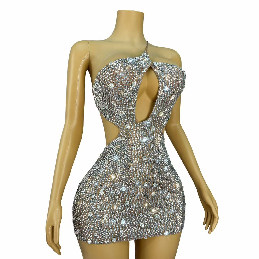 CELESINYI Xingzhi Crystal Keyhole Mini Dress