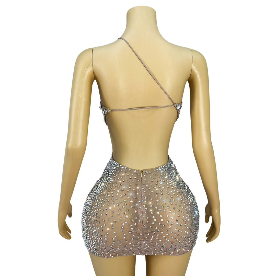CELESINYI Xingzhi Crystal Keyhole Mini Dress