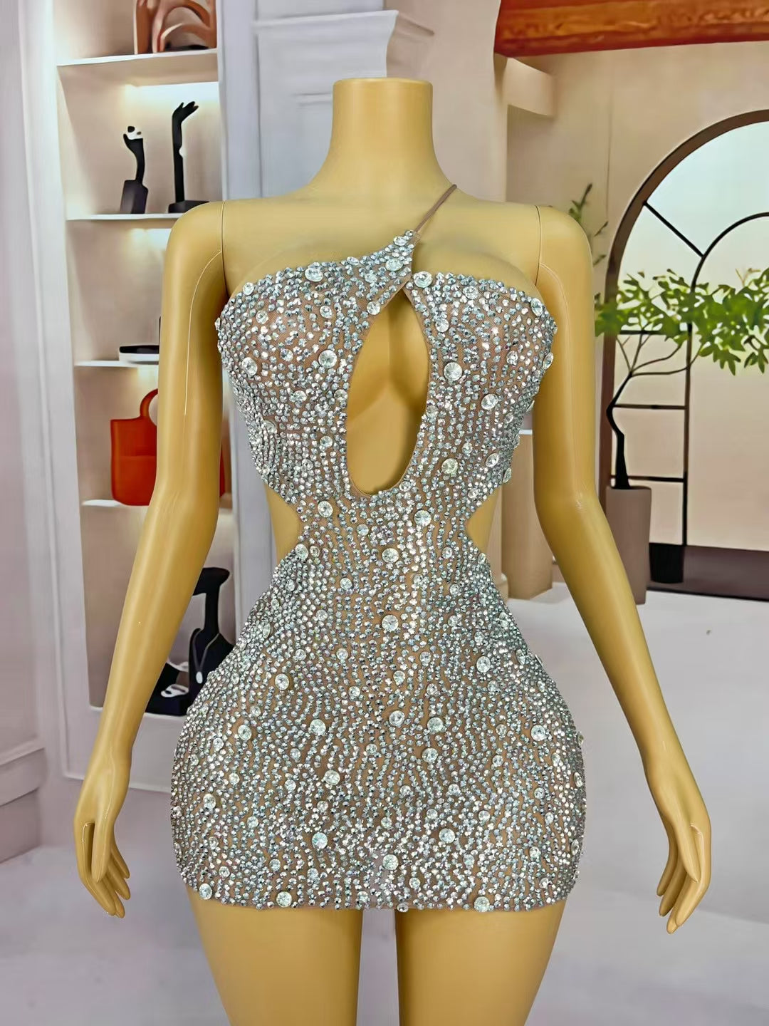 CELESINYI Xingzhi Crystal Keyhole Mini Dress
