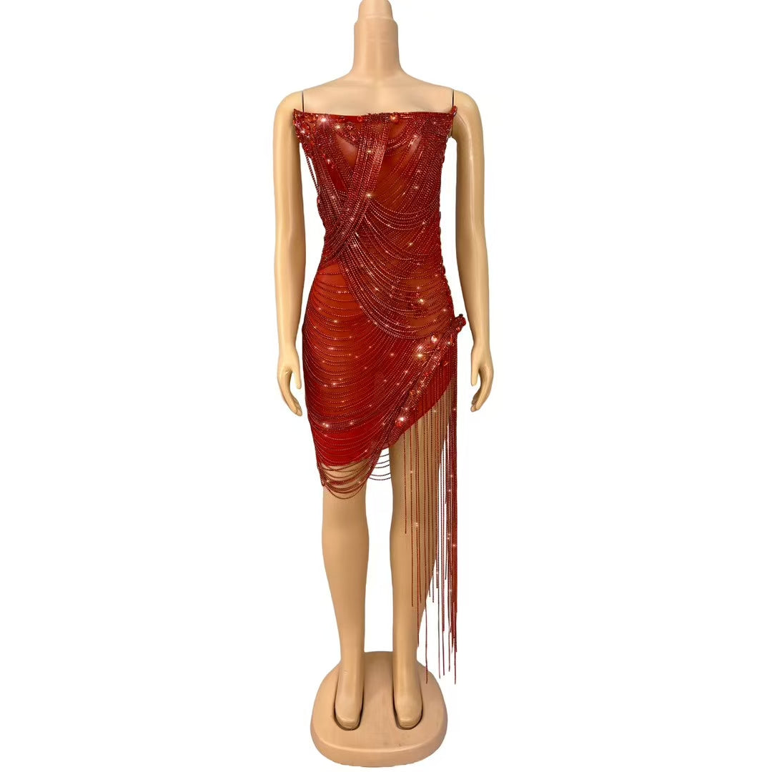 CELESINYI Hongyugu Crystal Ruby Fringe Gown