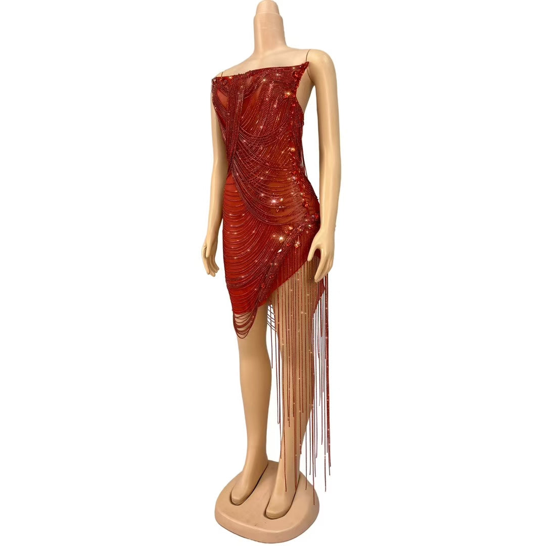 CELESINYI Hongyugu Crystal Ruby Fringe Gown