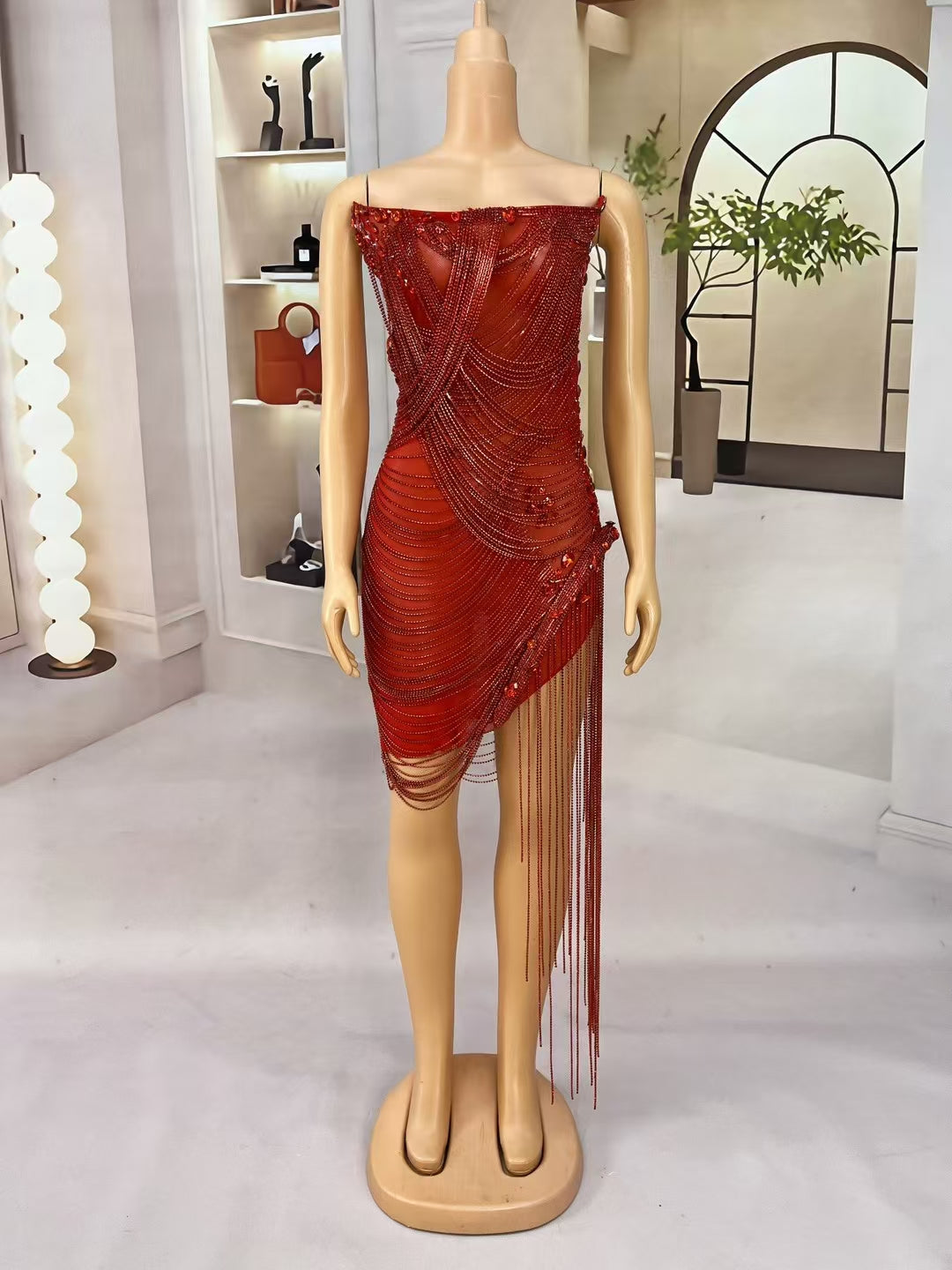 CELESINYI Hongyugu Crystal Ruby Fringe Gown