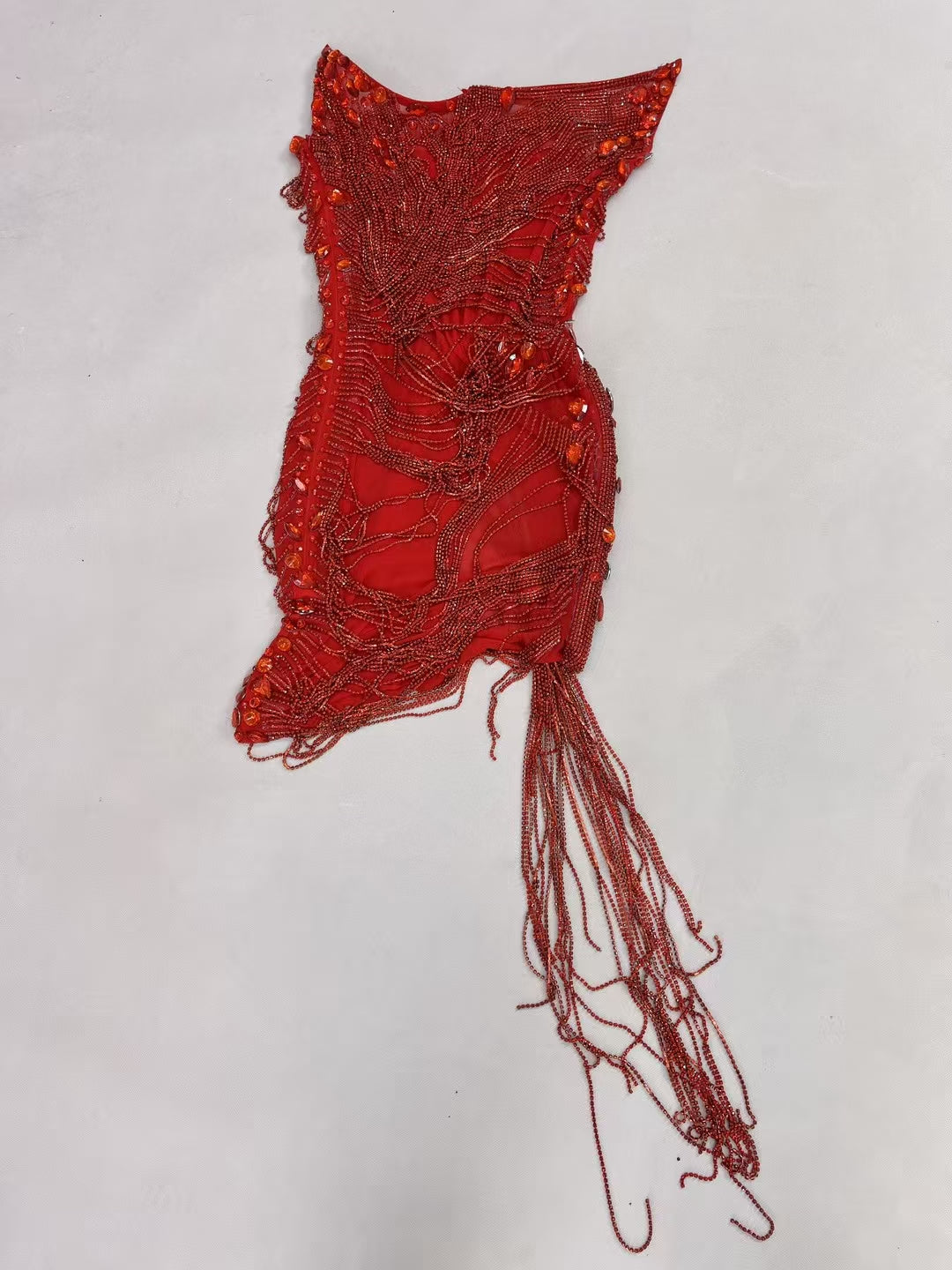 CELESINYI Hongyugu Crystal Ruby Fringe Gown