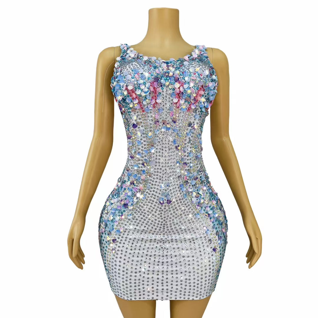 CELESINYI Lanmeimei Crystal Shell Scale Mini Dress