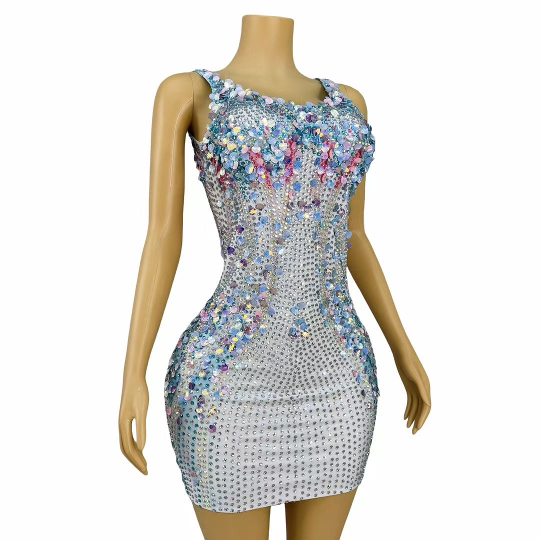 CELESINYI Lanmeimei Crystal Shell Scale Mini Dress