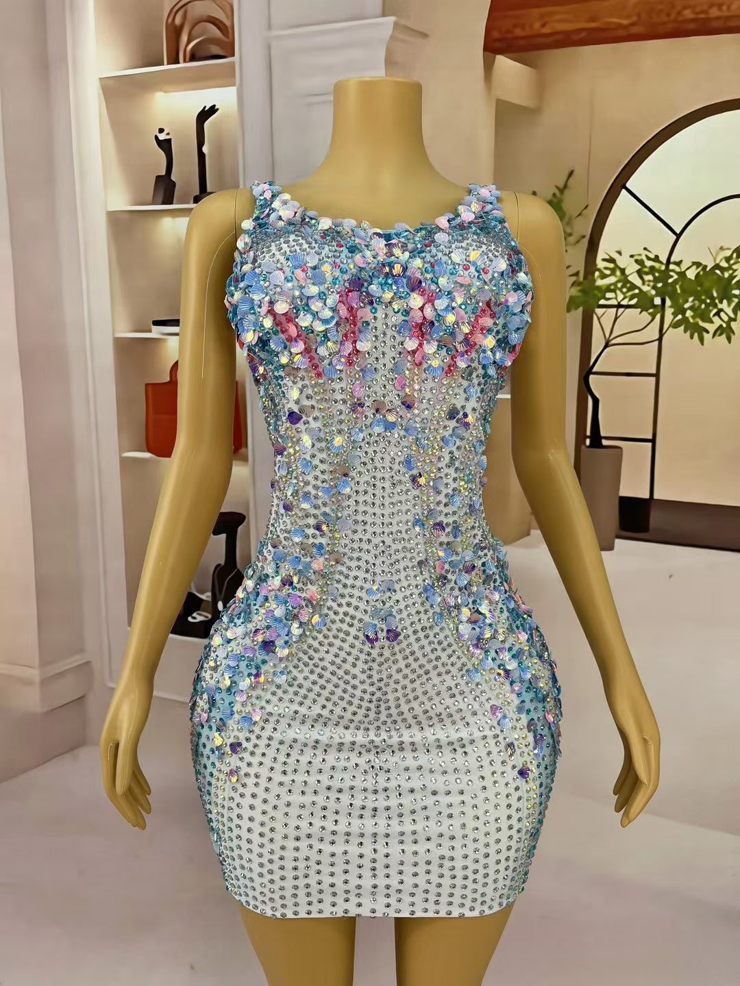 CELESINYI Lanmeimei Crystal Shell Scale Mini Dress