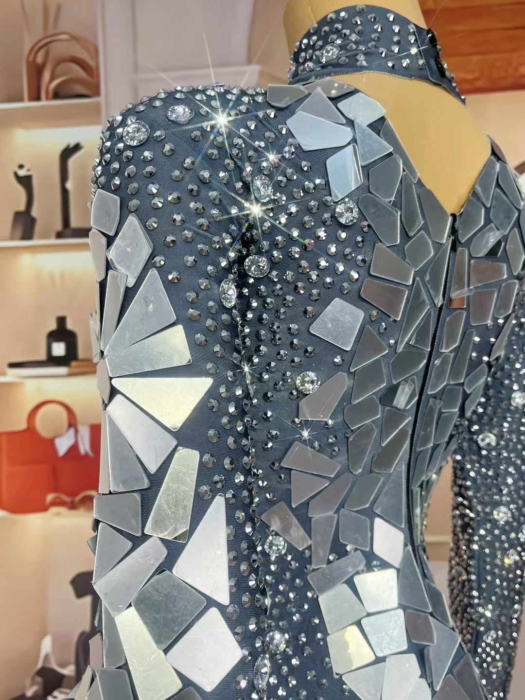 CELESINYI Yinpingzi Crystal Mirror Shard Mini Dress