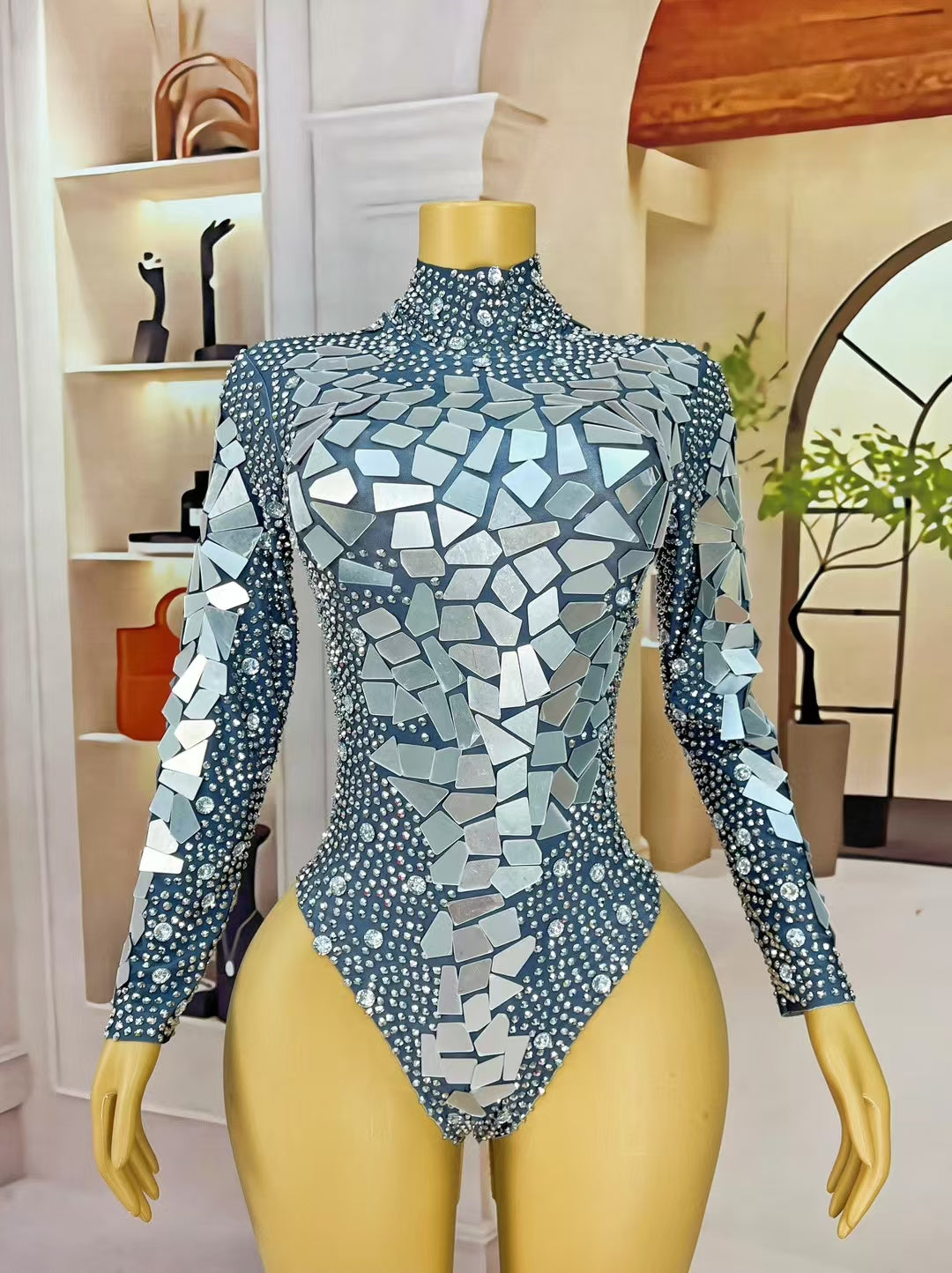 CELESINYI Yinpingzi Crystal Mirror Shard Mini Dress