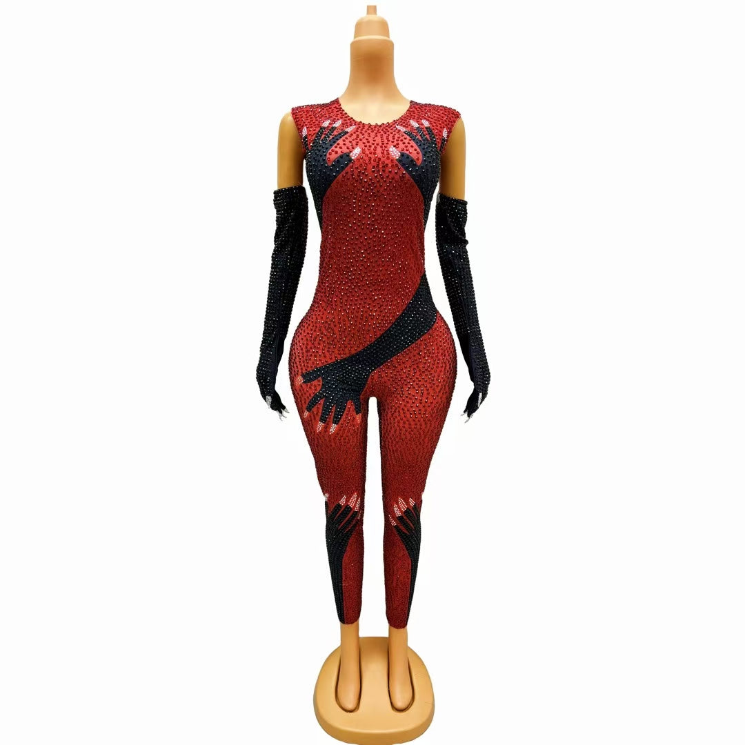 CELESINYI Heishou Crystal Claw Print Catsuit