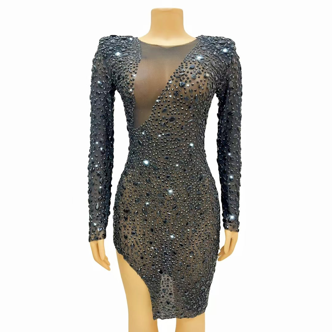 CELESINYI Puer Crystal Naked Mesh Gown