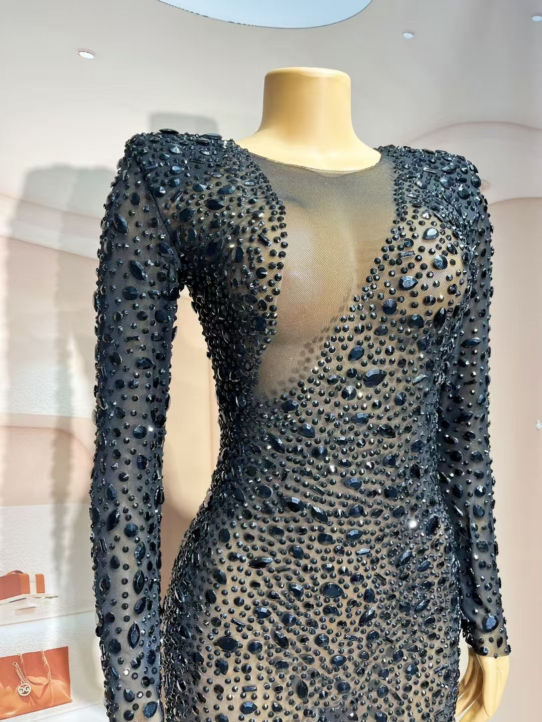 CELESINYI Puer Crystal Naked Mesh Gown