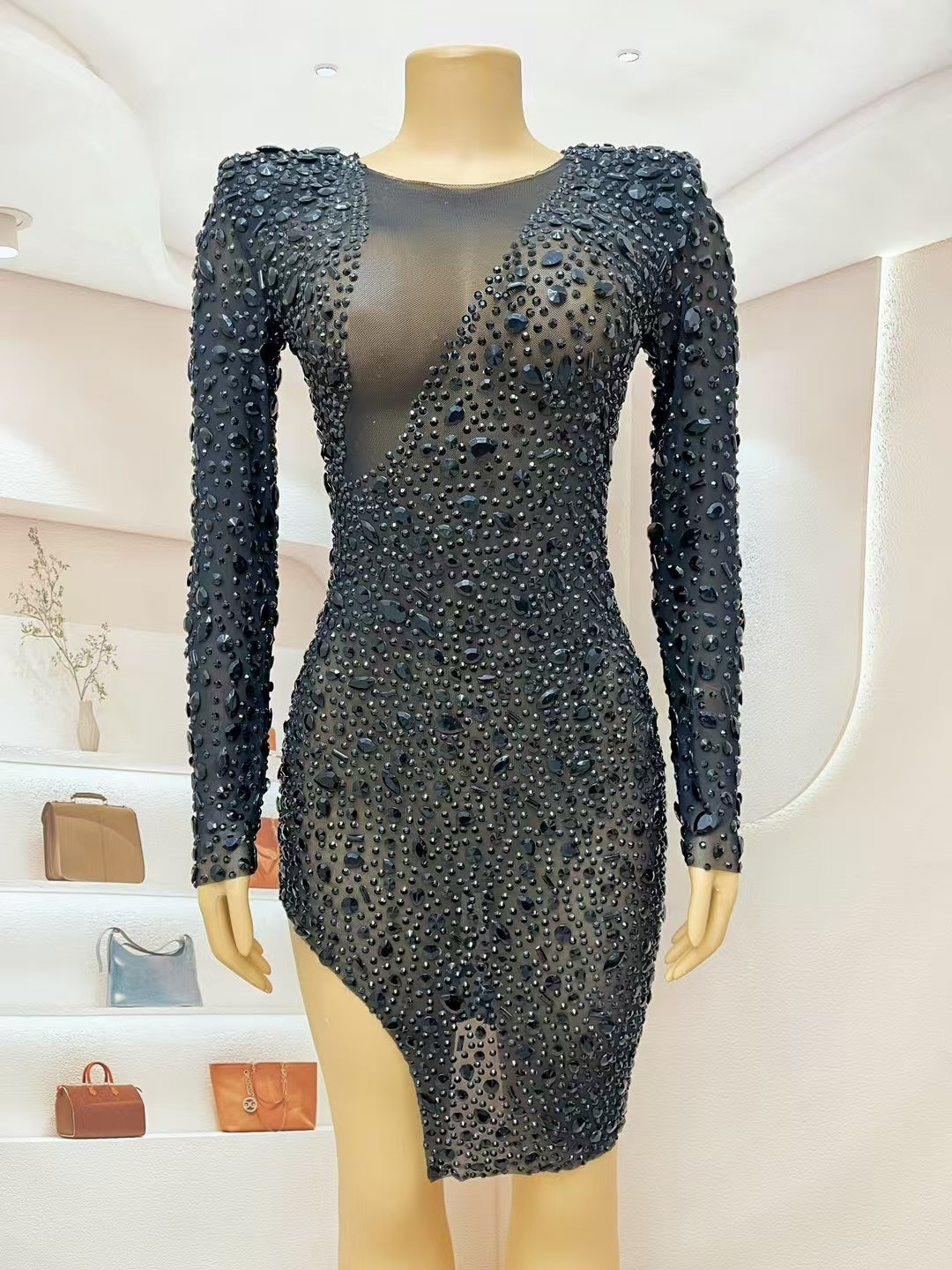 CELESINYI Puer Crystal Naked Mesh Gown
