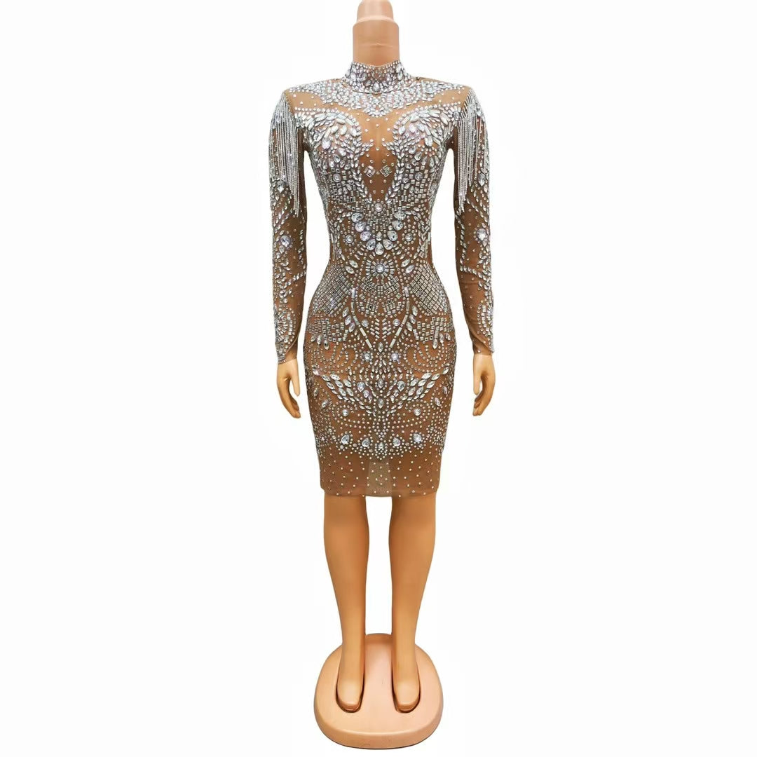 CELESINYI Piaochong Crystal Epaulette Mini Dress