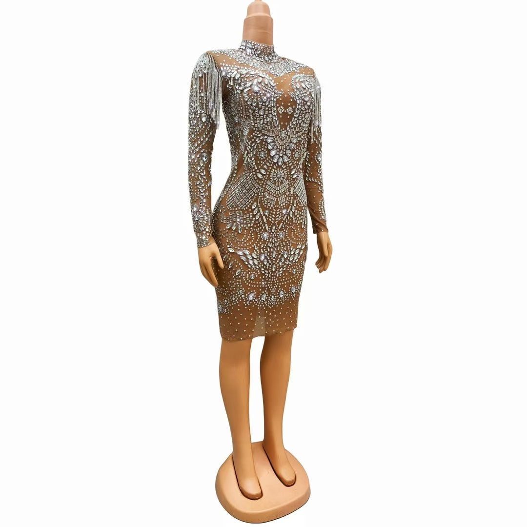 CELESINYI Piaochong Crystal Epaulette Mini Dress