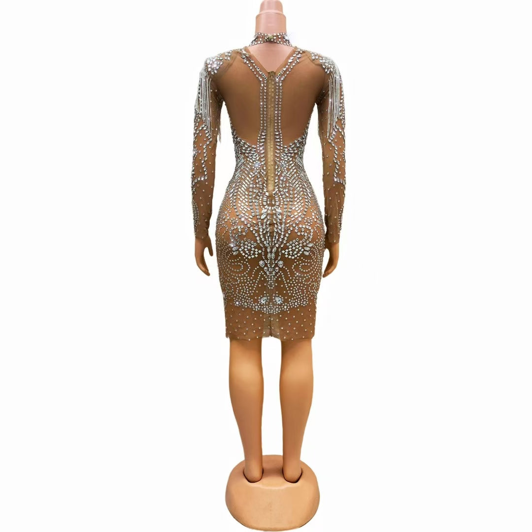 CELESINYI Piaochong Crystal Epaulette Mini Dress