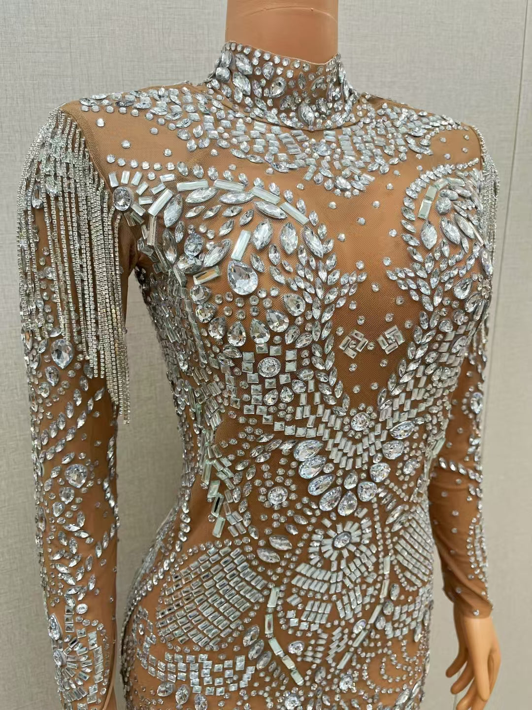 CELESINYI Piaochong Crystal Epaulette Mini Dress