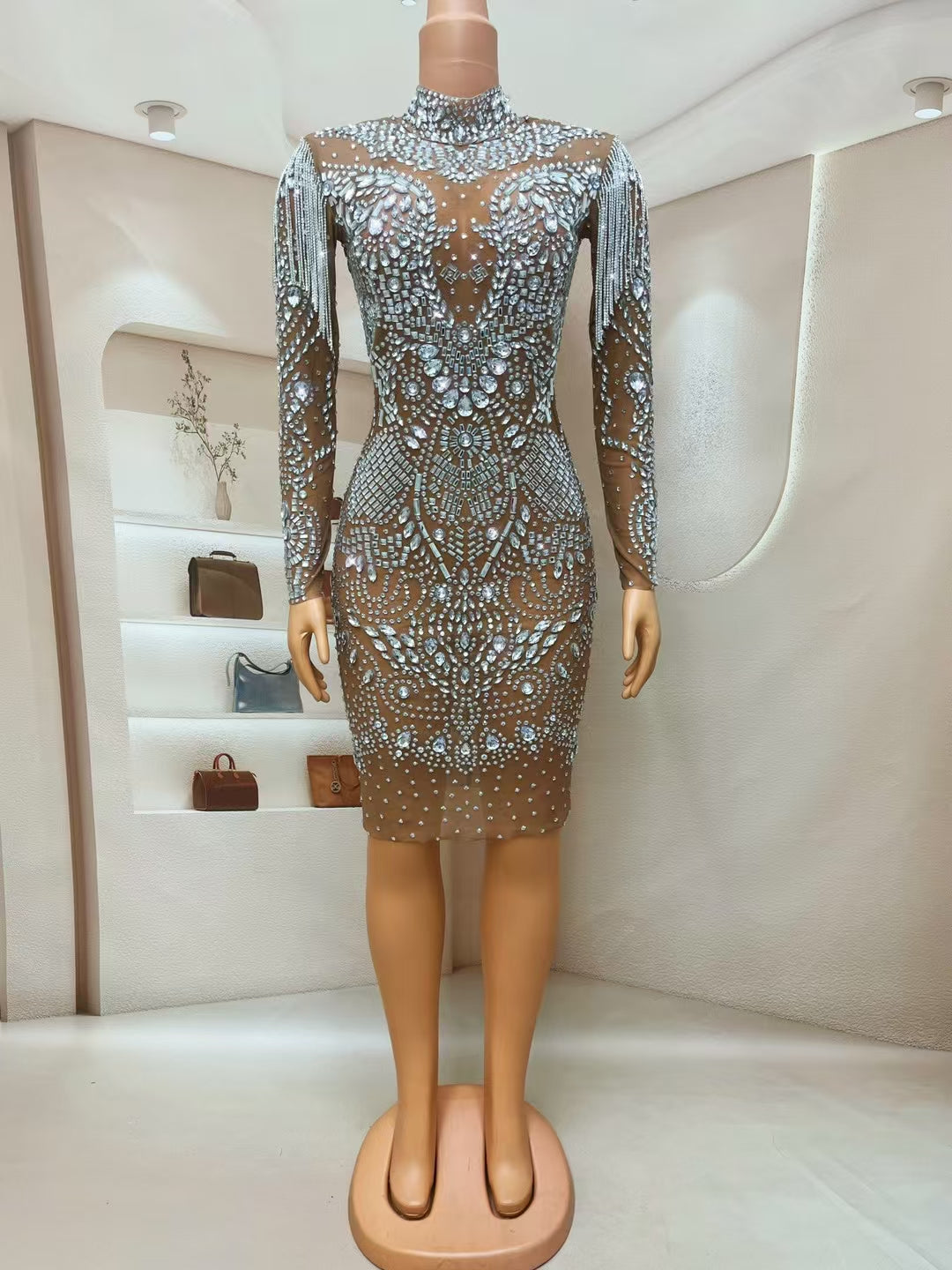 CELESINYI Piaochong Crystal Epaulette Mini Dress