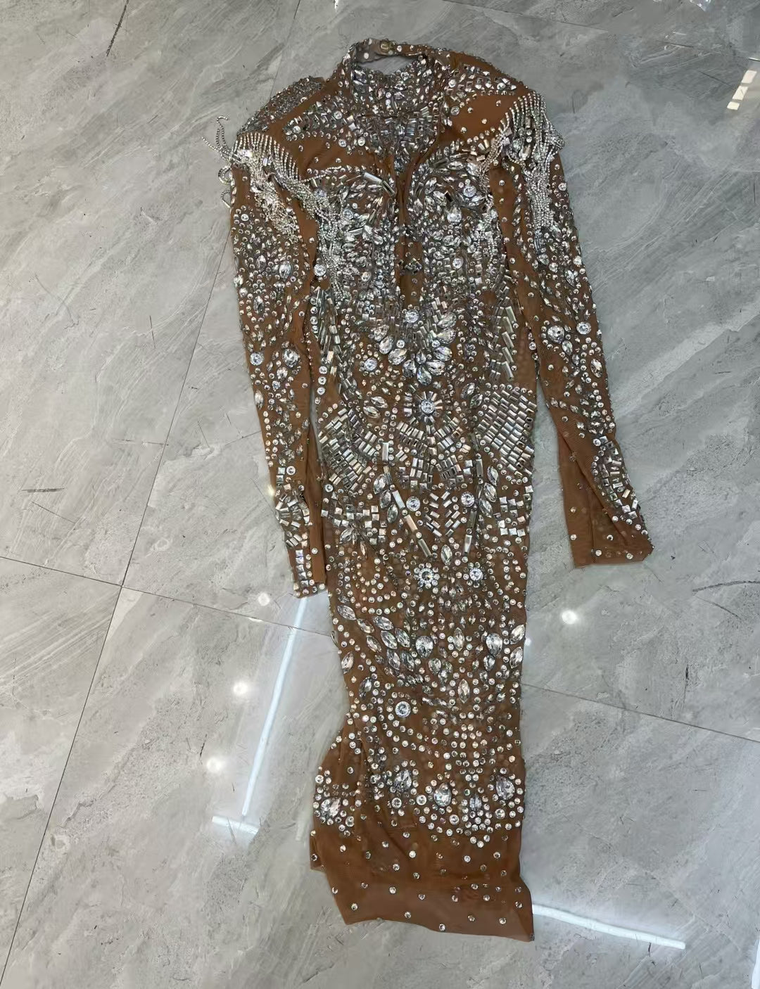 CELESINYI Piaochong Crystal Epaulette Mini Dress