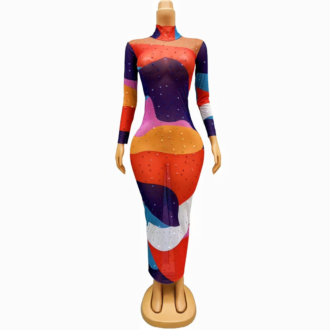 CELESINYI Huncai Crystal Color Wave Maxi Dress