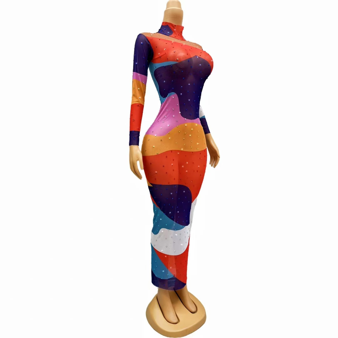 CELESINYI Huncai Crystal Color Wave Maxi Dress
