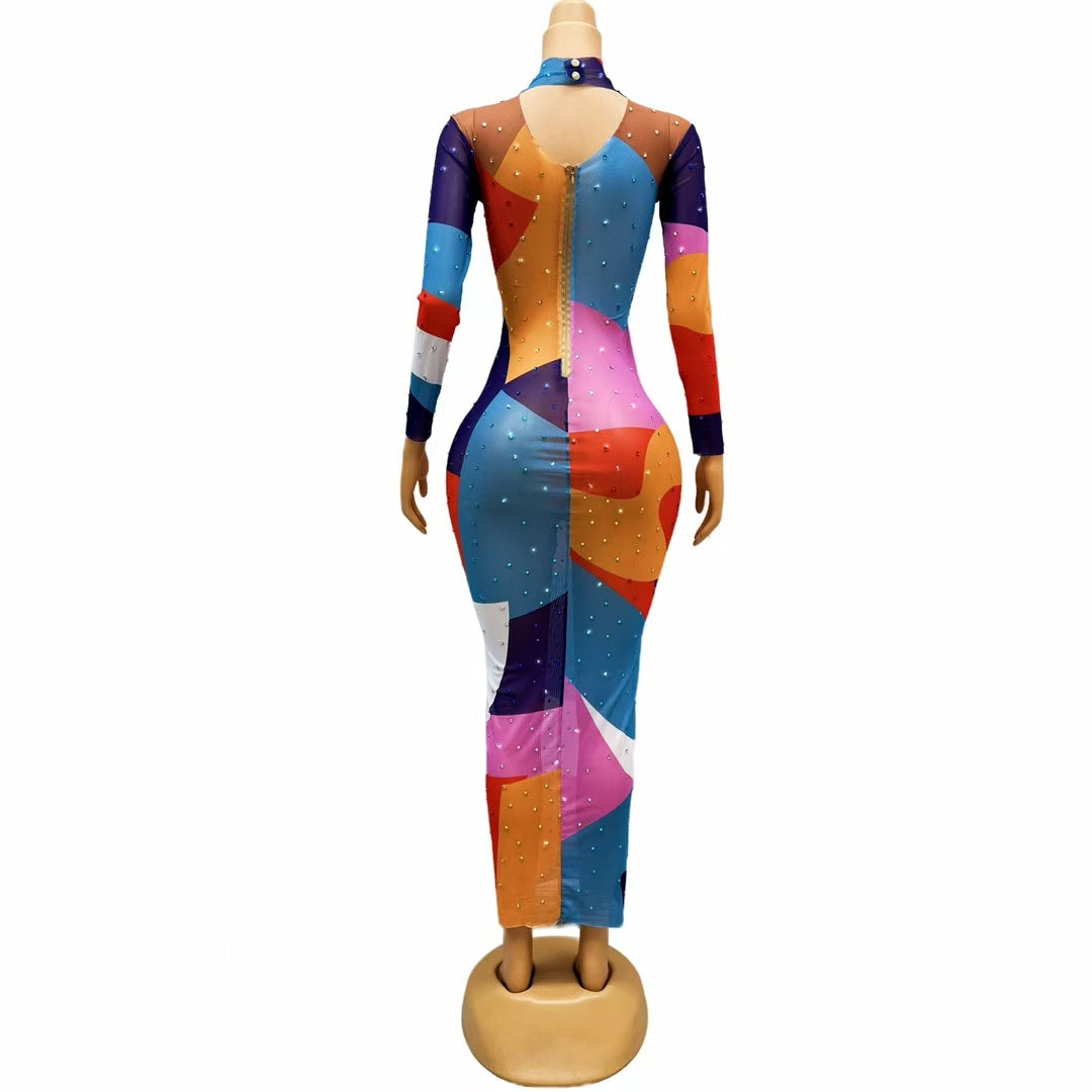 CELESINYI Huncai Crystal Color Wave Maxi Dress