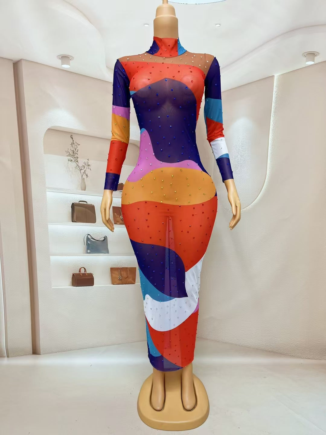 CELESINYI Huncai Crystal Color Wave Maxi Dress