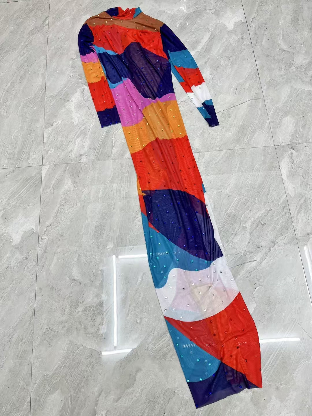 CELESINYI Huncai Crystal Color Wave Maxi Dress