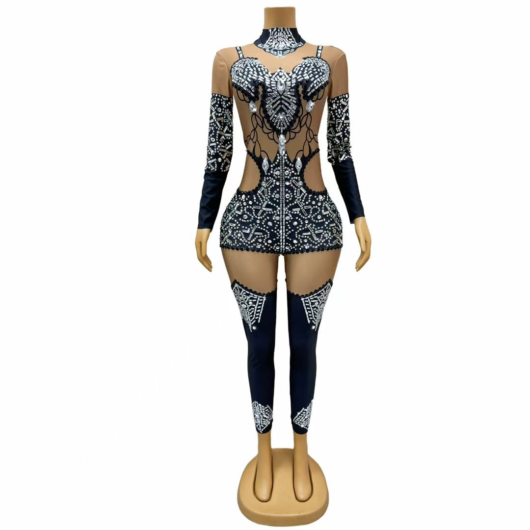 CELESINYI Heitianshi Crystal Faux Corset Catsuit