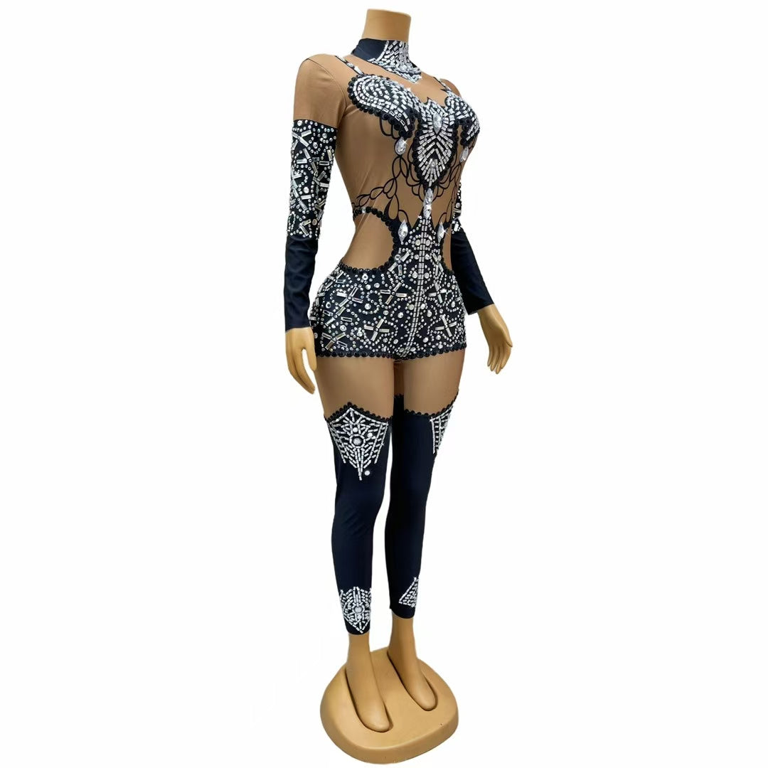 CELESINYI Heitianshi Crystal Faux Corset Catsuit