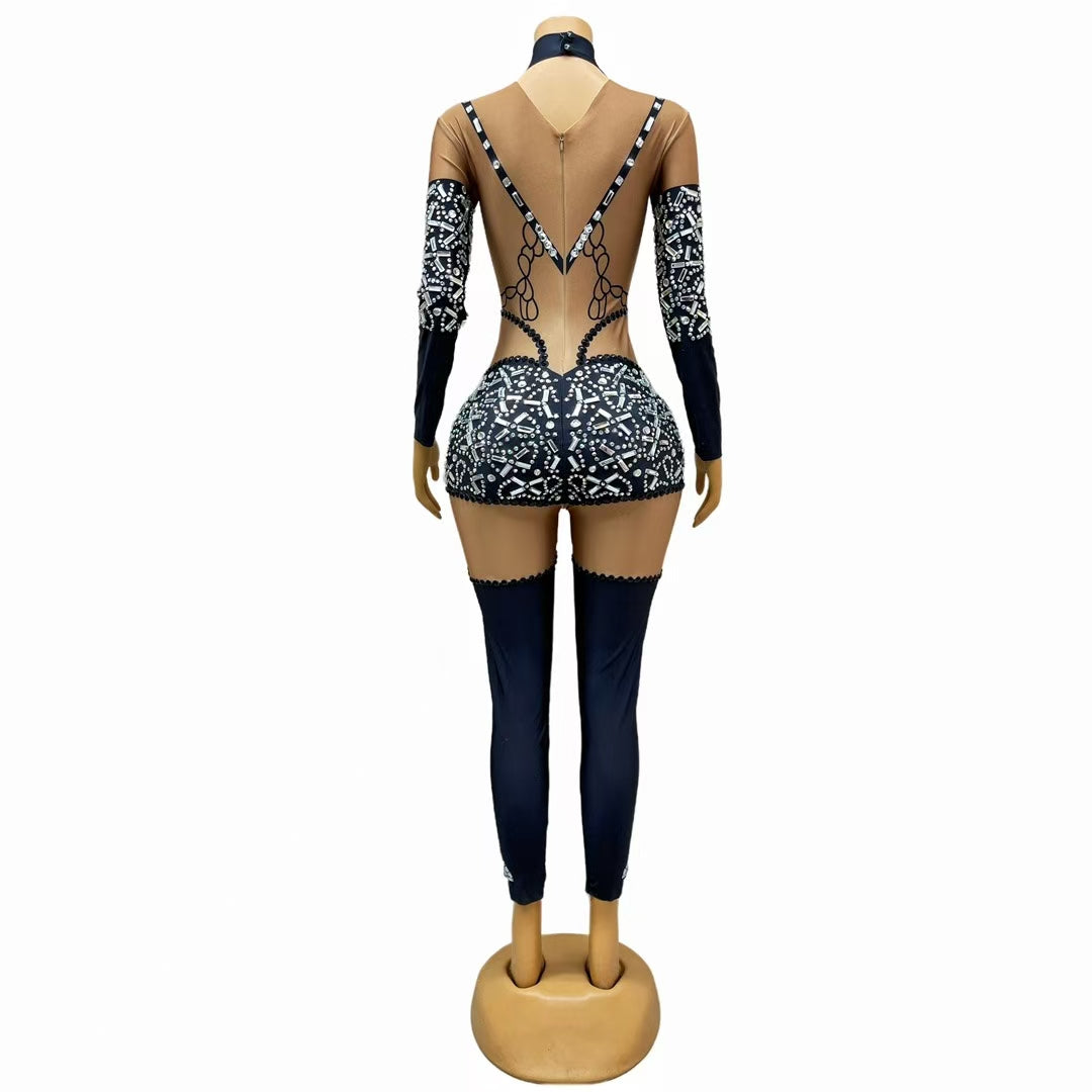 CELESINYI Heitianshi Crystal Faux Corset Catsuit