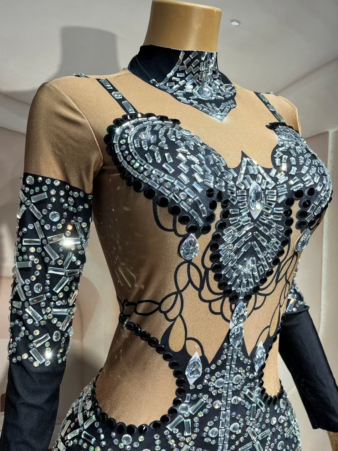 CELESINYI Heitianshi Crystal Faux Corset Catsuit