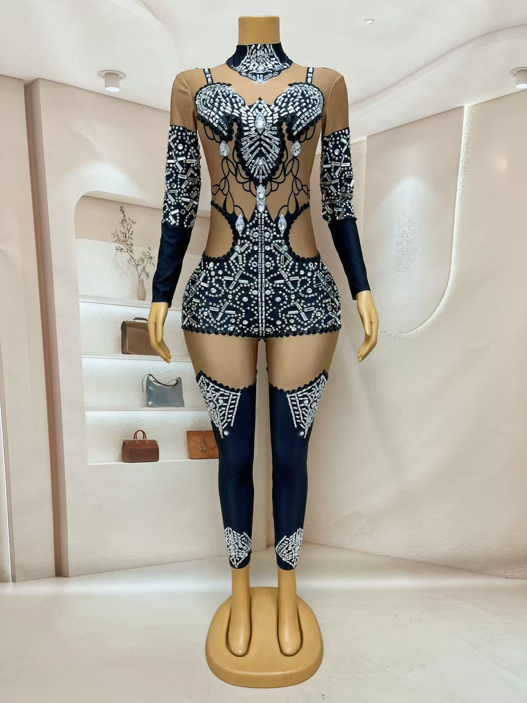 CELESINYI Heitianshi Crystal Faux Corset Catsuit