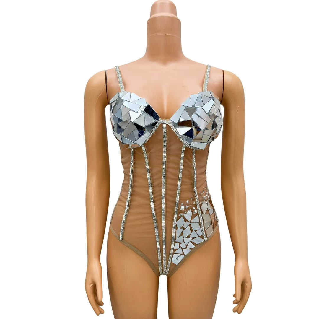 CELESINYI Gujing Crystal Mirror Corset Bodysuit