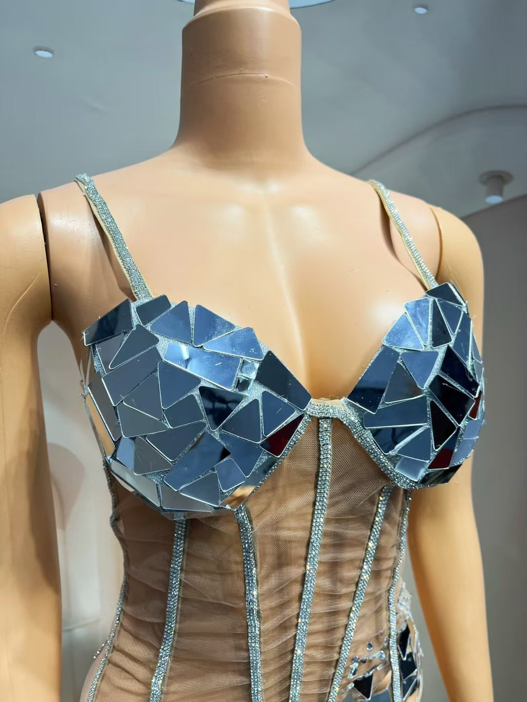 CELESINYI Gujing Crystal Mirror Corset Bodysuit
