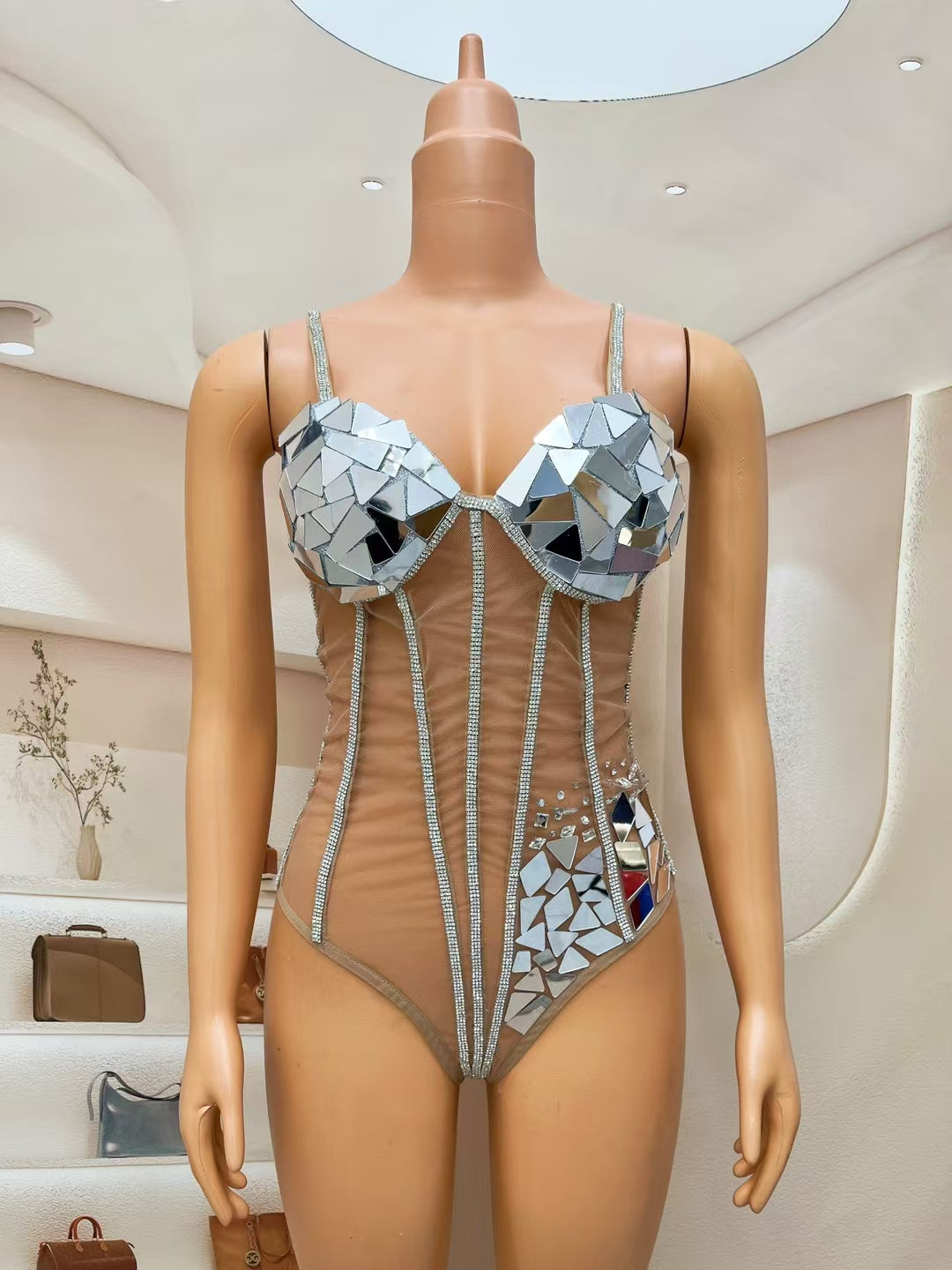 CELESINYI Gujing Crystal Mirror Corset Bodysuit