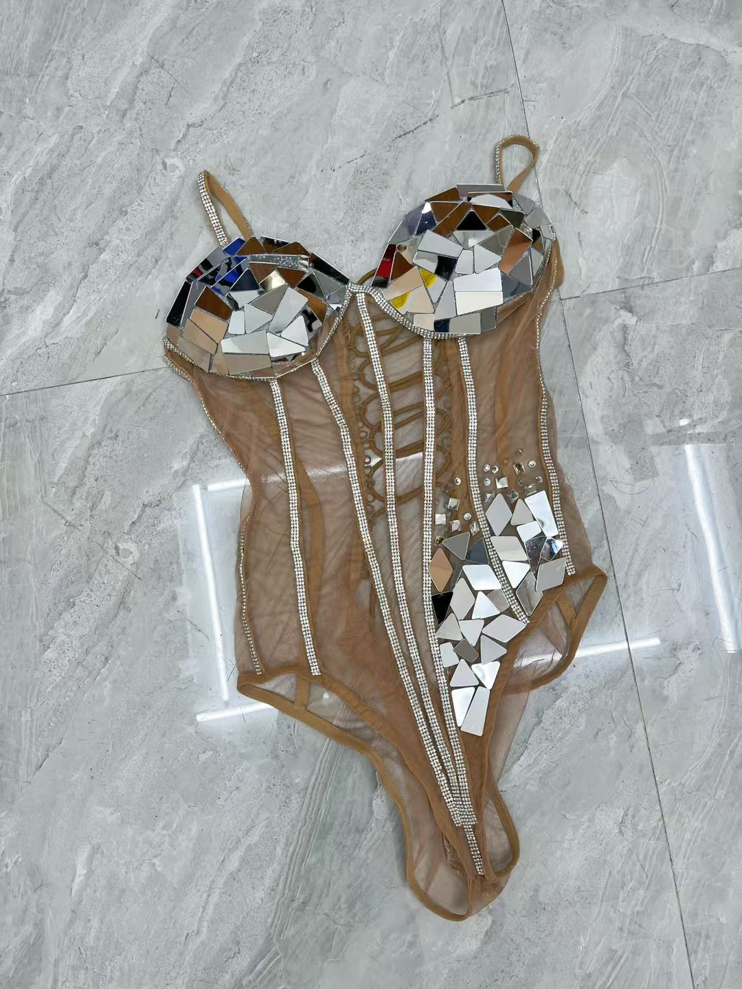 CELESINYI Gujing Crystal Mirror Corset Bodysuit