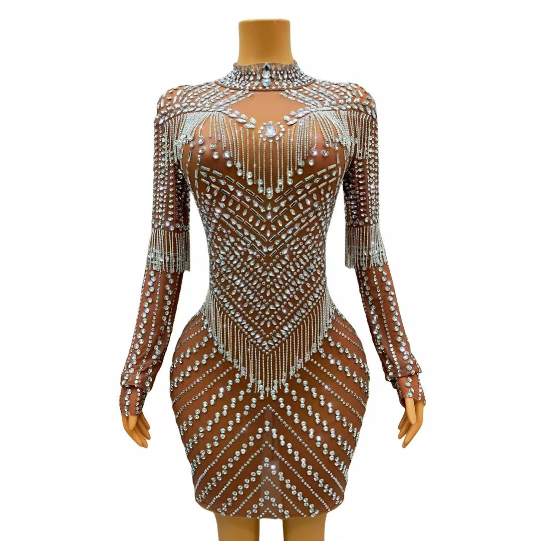 CELESINYI Dengxin Crystal Fringe High Neck Bodysuit