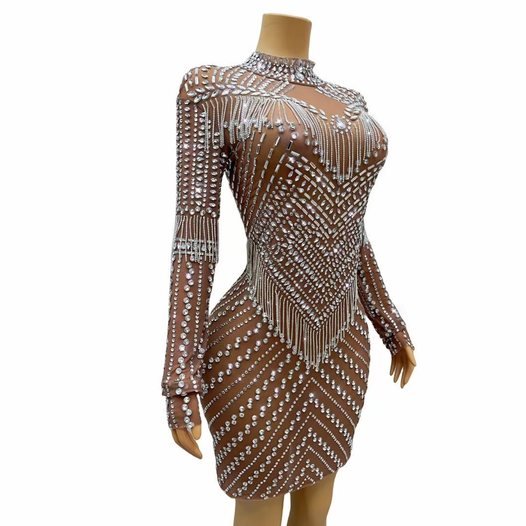 CELESINYI Dengxin Crystal Fringe High Neck Bodysuit