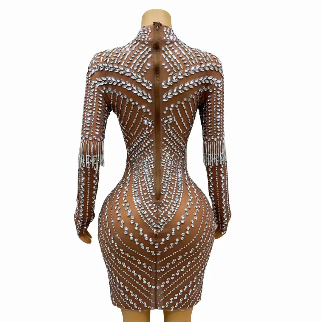 CELESINYI Dengxin Crystal Fringe High Neck Bodysuit