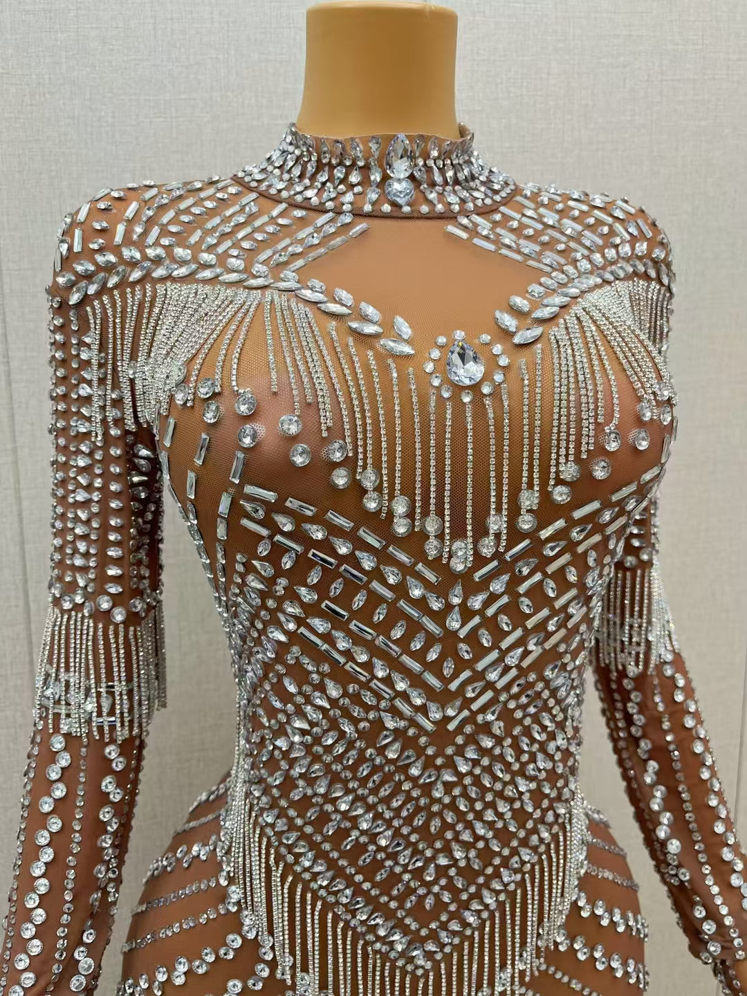 CELESINYI Dengxin Crystal Fringe High Neck Bodysuit