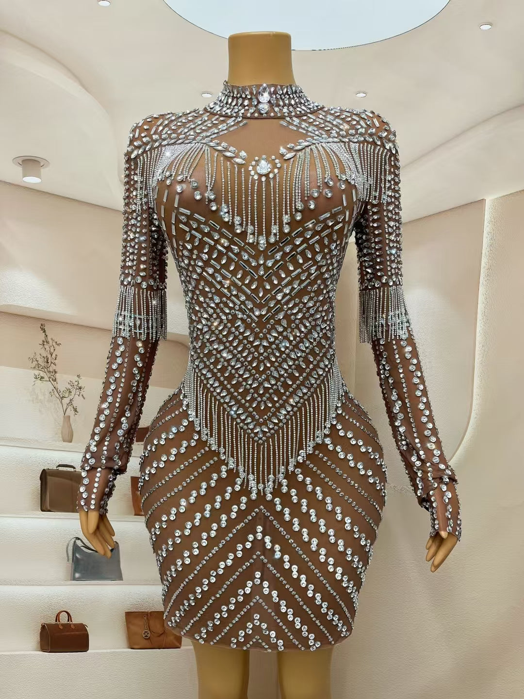 CELESINYI Dengxin Crystal Fringe High Neck Bodysuit