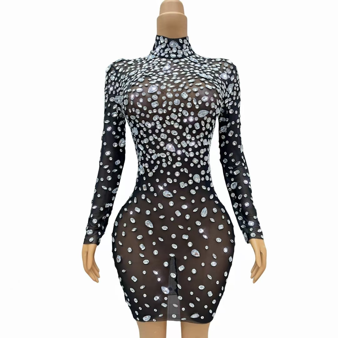 CELESINYI Dashuijing Crystal High Neck Mini Dress