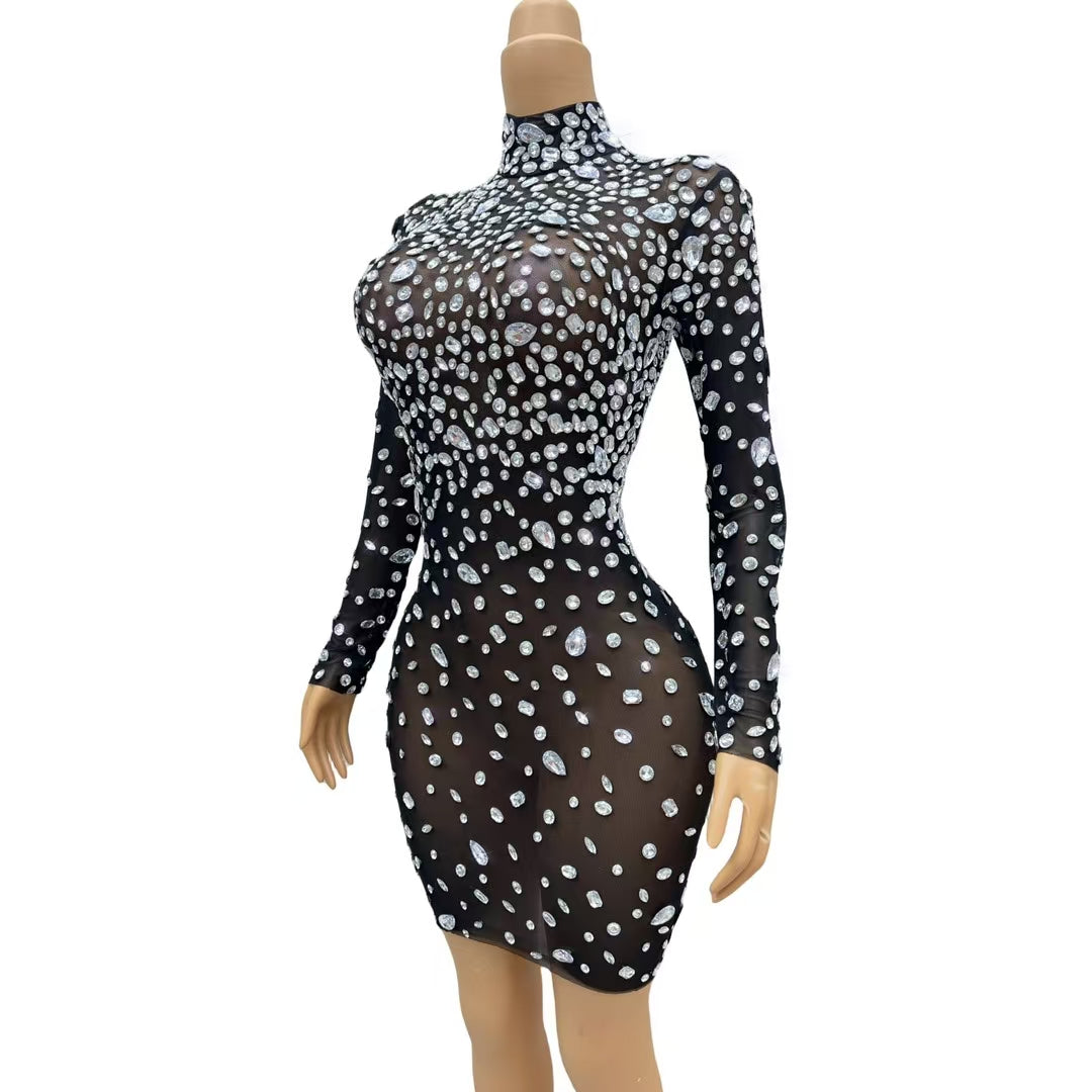 CELESINYI Dashuijing Crystal High Neck Mini Dress