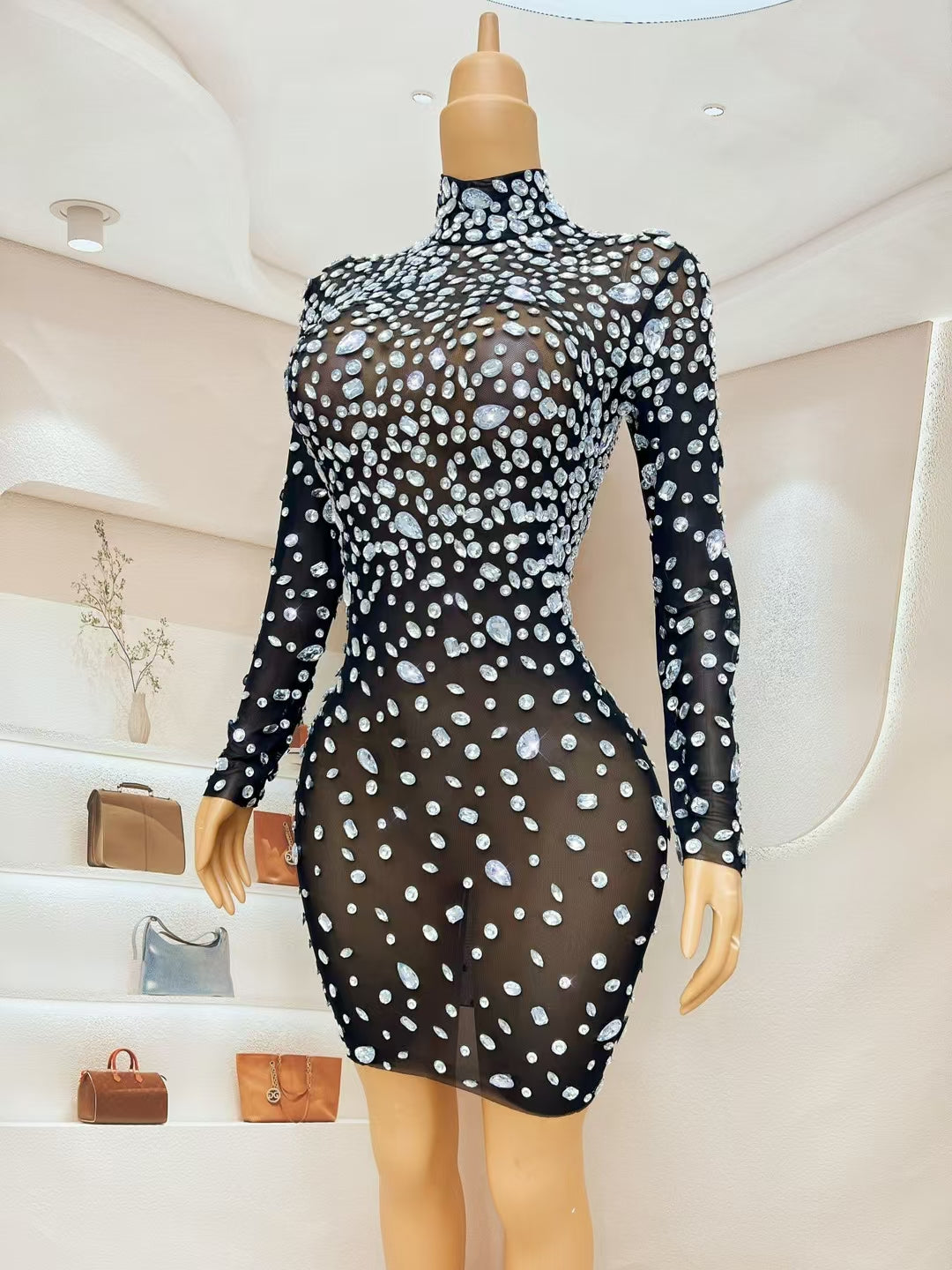 CELESINYI Dashuijing Crystal High Neck Mini Dress