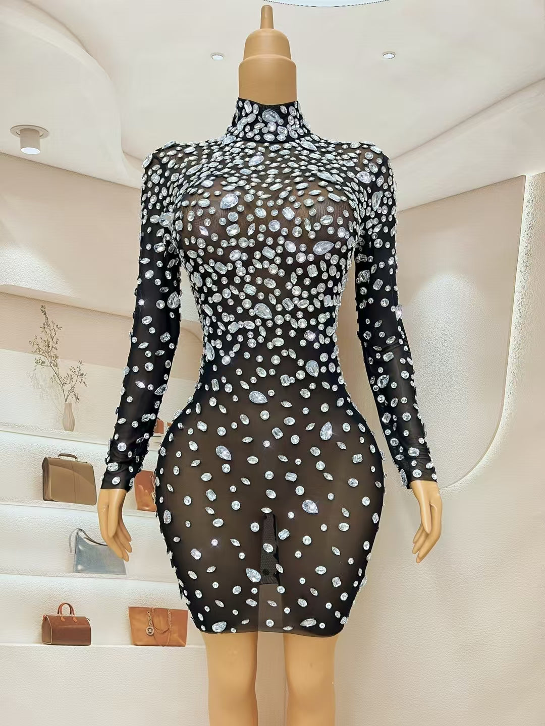 CELESINYI Dashuijing Crystal High Neck Mini Dress