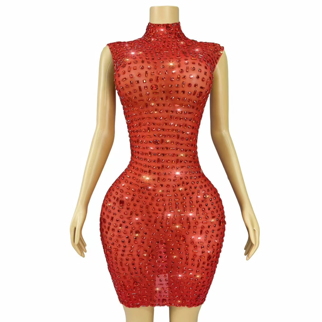 CELESINYI Hongbei Crystal Red Mini Dress