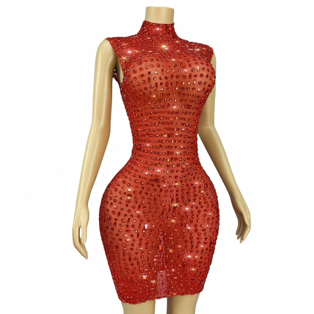 CELESINYI Hongbei Crystal Red Mini Dress