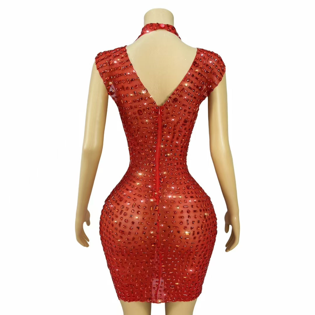 CELESINYI Hongbei Crystal Red Mini Dress