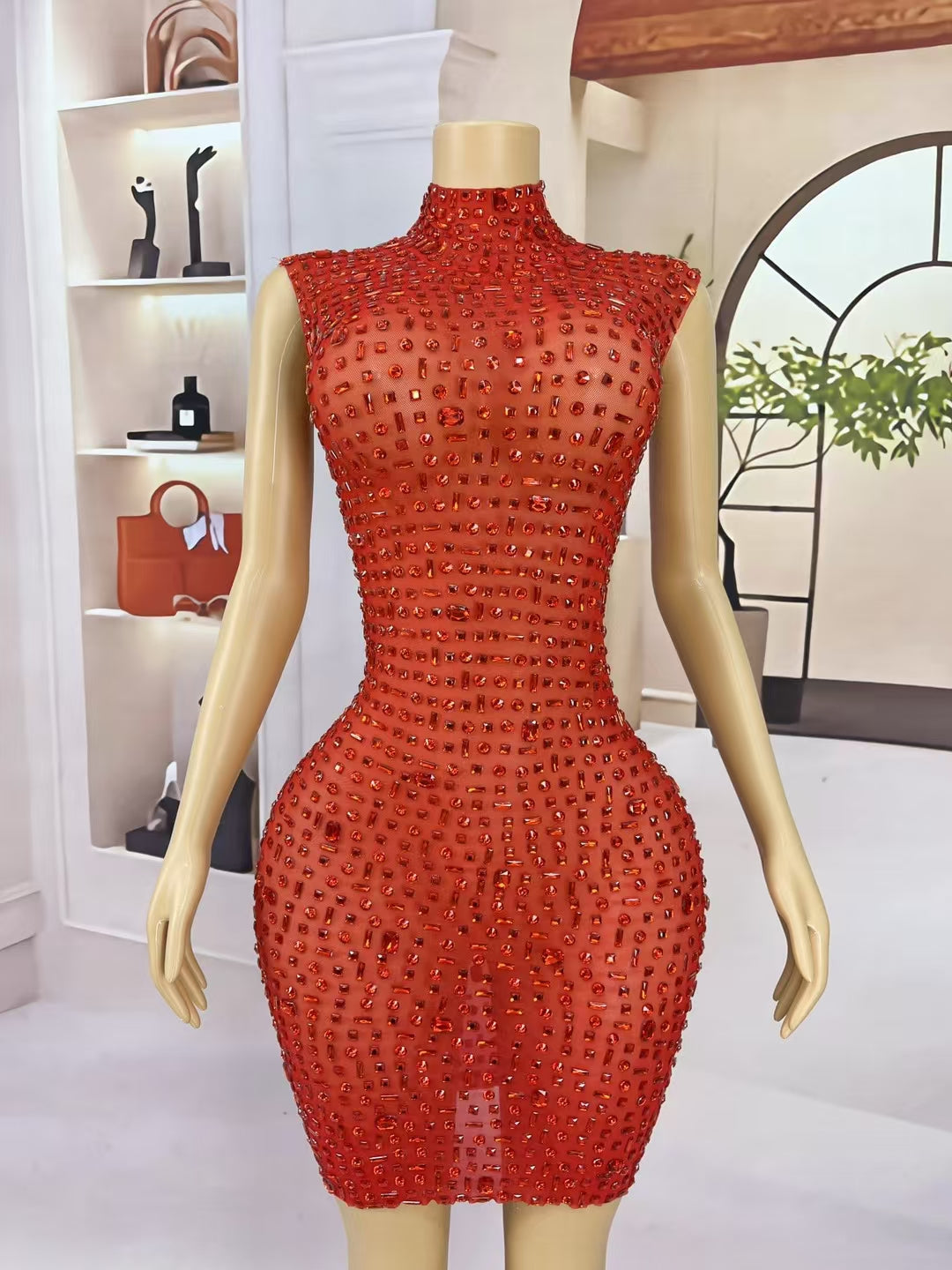 CELESINYI Hongbei Crystal Red Mini Dress