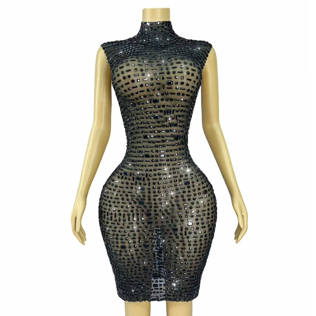 CELESINYI Heibei Crystal Black Mini Dress
